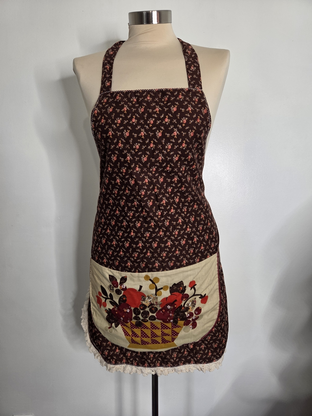 Vintage Handmade Reversible Fall Apron Fruit Basket Applique Calico Lace